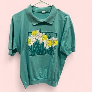 Groovy 80’s cottagecore daffodil seafoam green double collar top banded waist